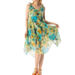 Eliş Şile Bezi Strappy Voile Afrodit Midi Dress Batik Turquoise cotton Lagenlook